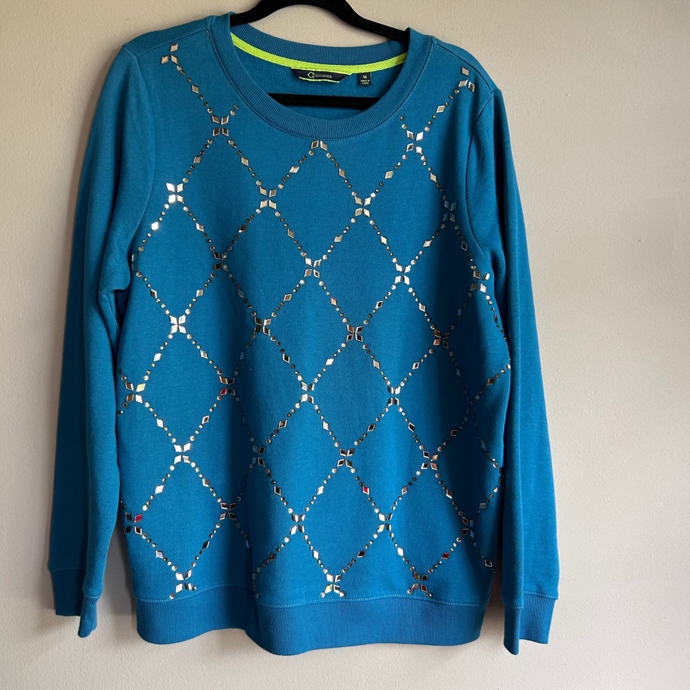 C. Wonder Womens Teal Blue Rhinestone Argyle Pullover Sweatshirt Size M RN81893